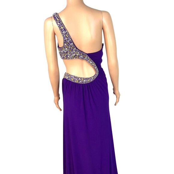 Evenings by Allure One-Shoulder Purple Evening Gown w/ Beaded  Side Back Cutout - Picture 12 of 12
